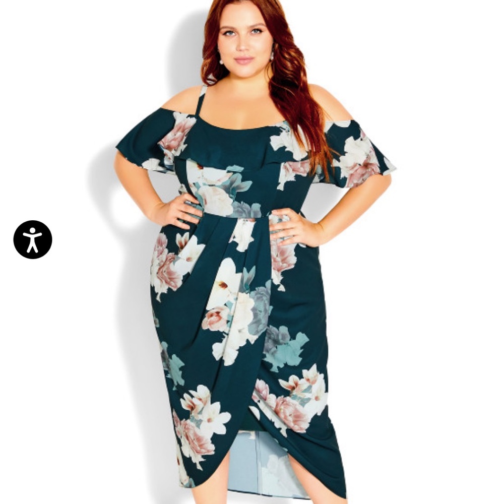 City Chic off the shoulder tulip hem dress. Teal,dusty rose,cream. Size XXL 24